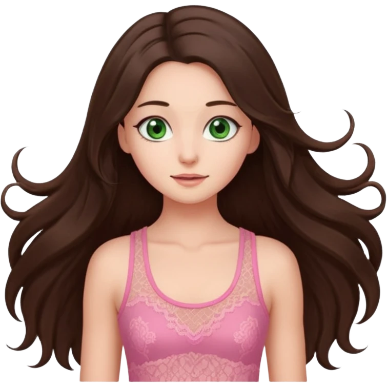 super long haired brunette with middle part cute pink lacy tank white but tan green eyes doing a hairflip emoji