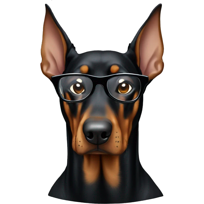 Doberman in glasses with black frames and a sweatshirt is sad emoji