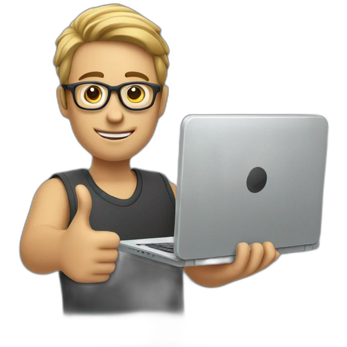 man wearing glasses and holding a computer in his right hand and signaling OK with his left hand emoji