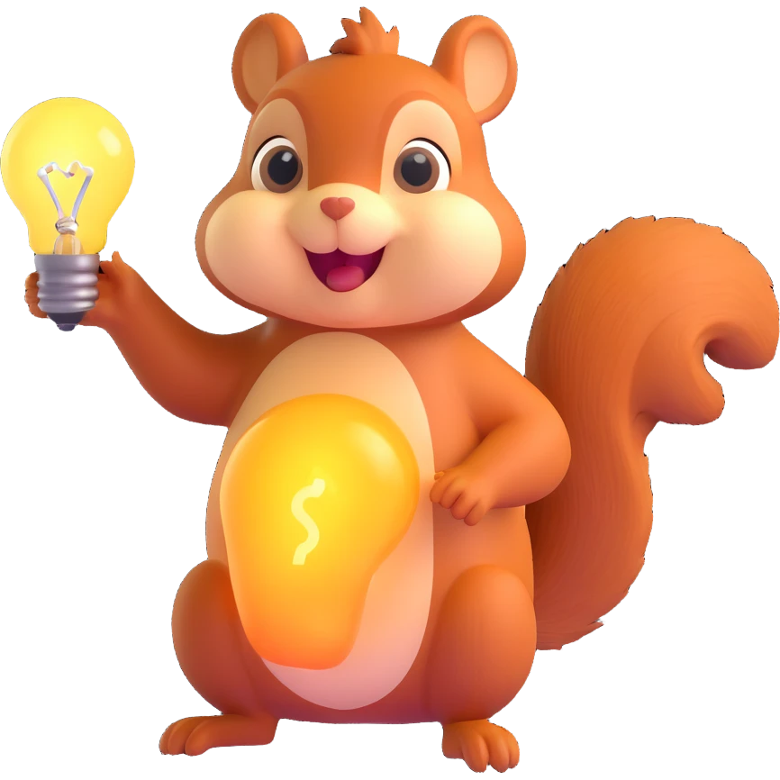 a squirrel with a glowing idea bulb, surprised expression emoji