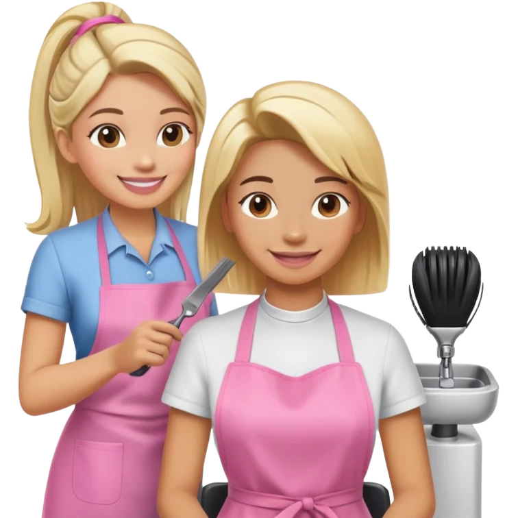 smiling woman in pink apron getting a haircut from a smiling female hairstylist emoji