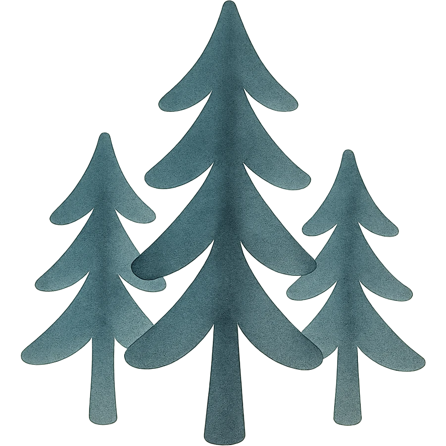 logo style illustration of evergreen trees in Slavic folk art style, dark neutral color tones, watercolor texture, transparent background, suitable for favicon emoji
