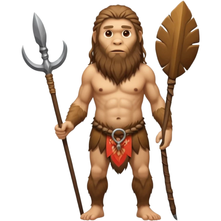 Neanderthal with monkey body, human face, long hair and long beard, holding a spear, fullbody emoji