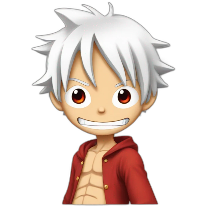 monkey d luffy with white hair  eyebrow, and red eyes sitting, emoji