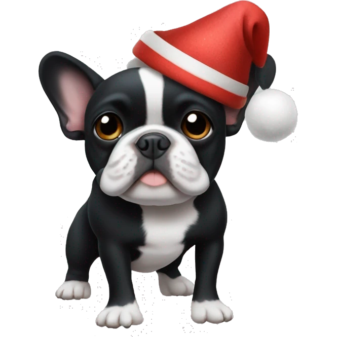 an all-black French bulldog with a white breast in a festive hat emoji