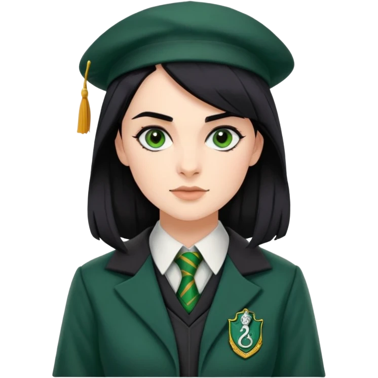 genevieve gaunt is Pansy Parkinson in harry potter, wear hogwarts slytherin uniform, black hair, not wearing hat emoji