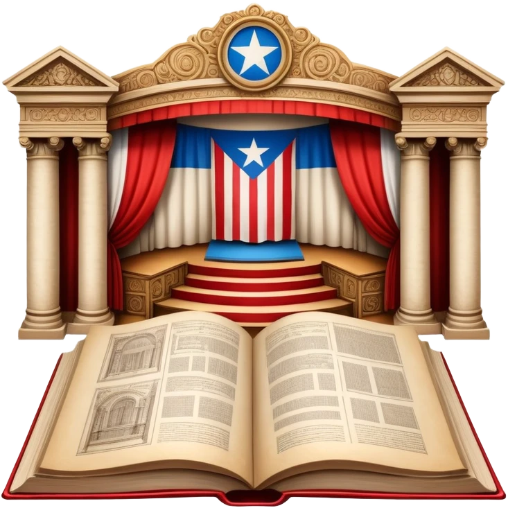 Vintage open book centered on elaborate theater scenography sketches, technical drawings of stage elements, set models on parchment pages, Puerto Rican flag elements throughout the designs emoji