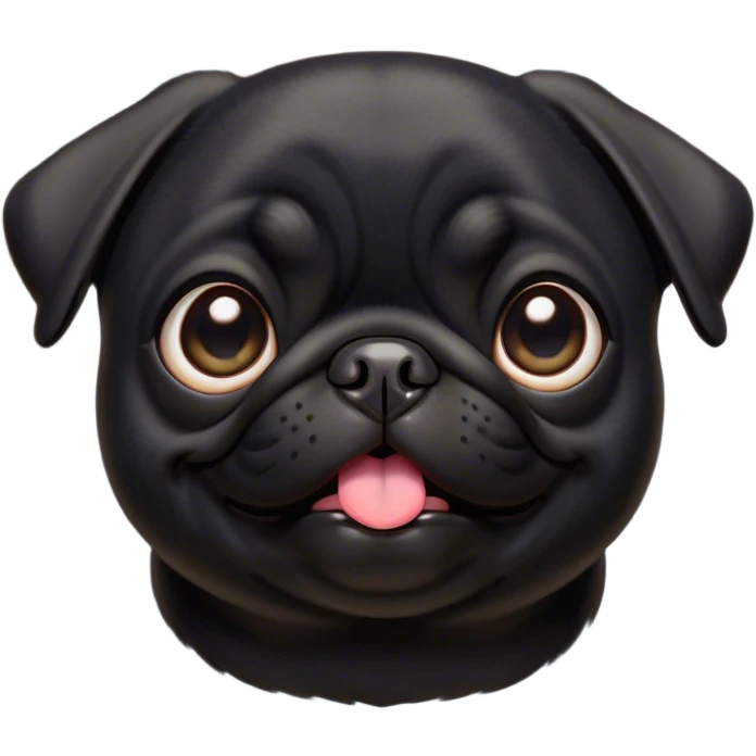 Cinematic Comical Black Pug Portrait Emoji, Head tilted dramatically with an exaggeratedly amused expression, featuring a sleek black coat with a glossy finish, wide, expressive dark eyes filled with playful disbelief, Simplified yet hilariously expressive features, highly detailed, glowing with a slightly sassy glow, high shine, dramatic yet playful, stylized with an air of cheeky mischief, bright and endearing, soft glowing outline, capturing the essence of a spirited and over-the-top companion, so meme-worthy it feels like it could side-eye its way into internet fame instantly! emoji