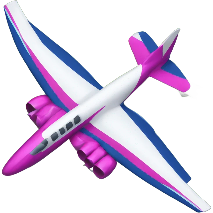 A plane with a mainly white fuselage, a vibrant fuchsia rear transitioning to dark blue on the tail and wings, a blue-and-white tail design, gray metallic wings, and bright fuchsia engines. emoji