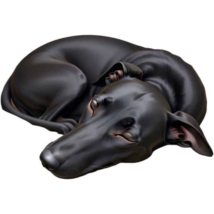 Meme-Worthy Cute Sleeping Black Greyhound Portrait Emoji, Head resting peacefully with a contented smile, showcasing a delightfully slender build and a luxuriously smooth black Fur, eyes shut in a serene nap, Simplified yet hilariously adorable features, highly detailed, glowing with a soft, drowsy light, high shine, relaxed and utterly lovable, stylized with an air of playful laziness, bright and heartwarming, soft glowing outline, capturing the essence of a comically sleepy racer, so meme-worthy it feels like it could instantly become the next viral sensation of adorable slumber! emoji