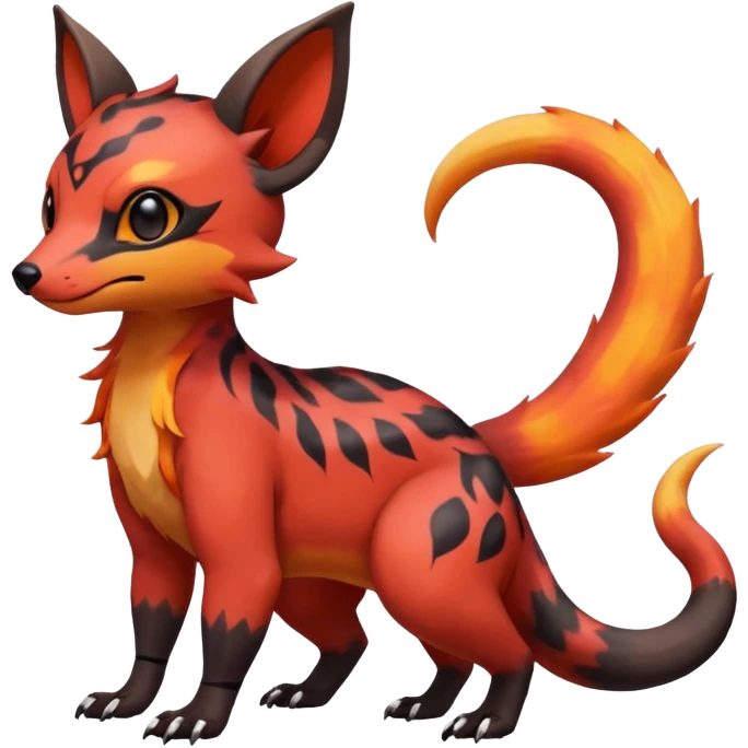 Rare tropical warm-colored exotic cute epic aesthetic colorful Salandit-Eevee-Civet-species-Fakemon-hybrid-creature, with wild fiery markings, full body emoji