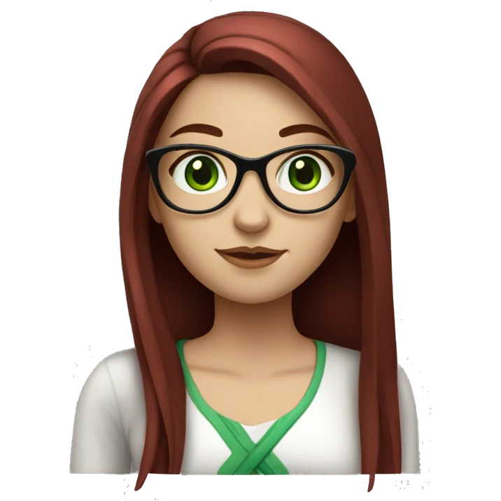 white girl with green eyes, glasses, and long straight dark red hair emoji