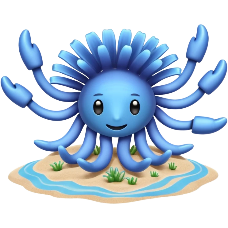 Light blue sea anemone with arms listening to music on sand emoji
