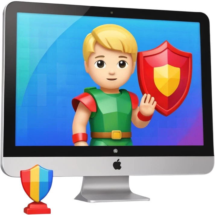 a computer screen with a shield and a child's figurine emoji