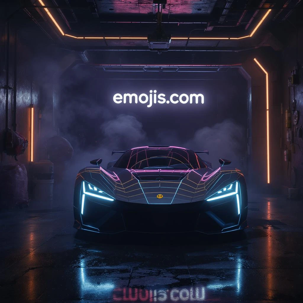 Cinematic still of a futuristic car parked front to camera inside neon garage with led behind saying "emojis.com", room fill with haze, very detailed and futuristic ,inspired by cyberpunk 2077 emoji