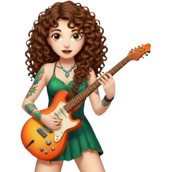 woman with long curly brown hair, brown eyes, white skin, tattoos, playing a root-shaped electric guitar that grows leaves from the strings, psychedelic glow, forest stage aura emoji