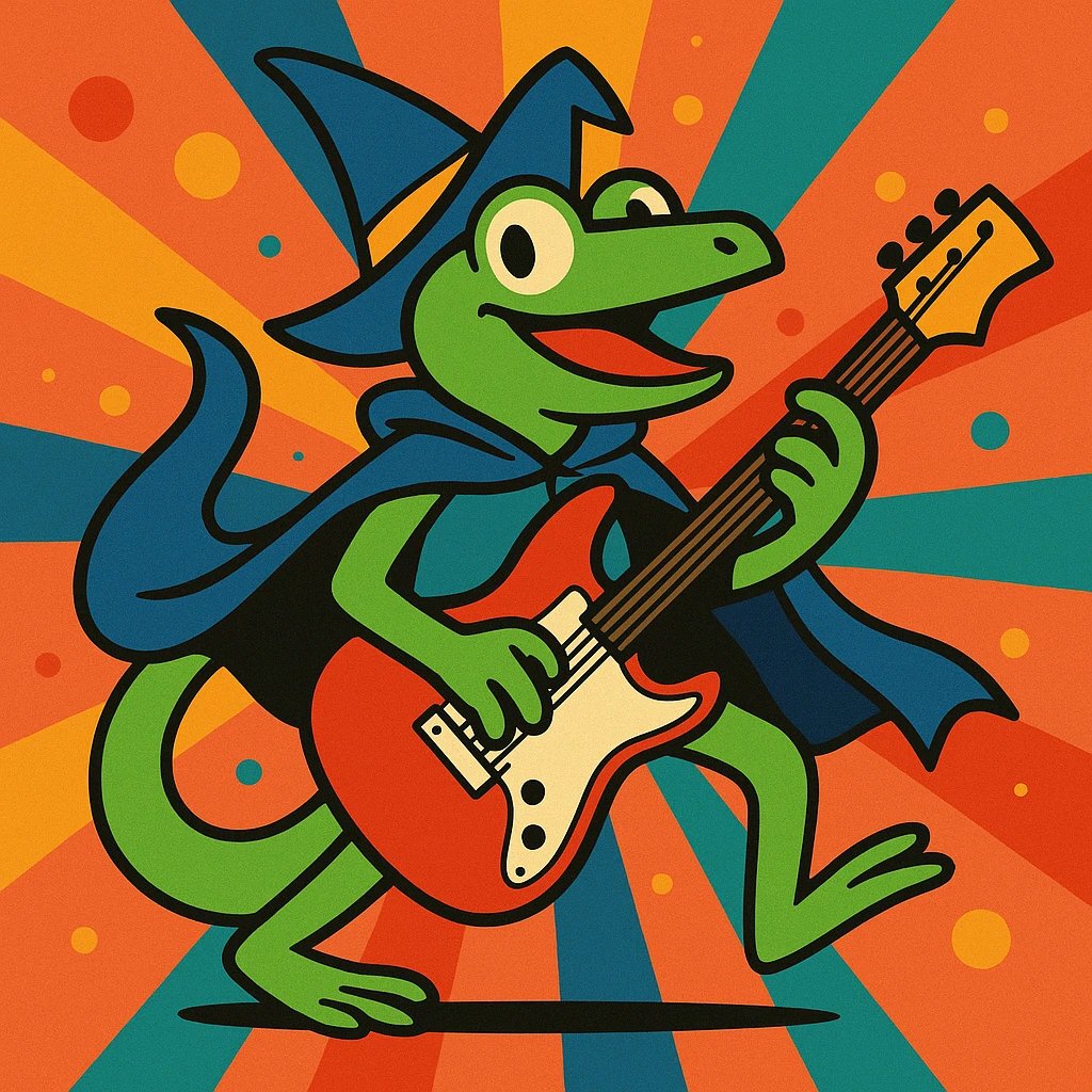 cartoon lizard playing an electric guitar, wearing a wizard hat and cape, referencing King Gizzard and the Lizard Wizard, energetic and fun emoji