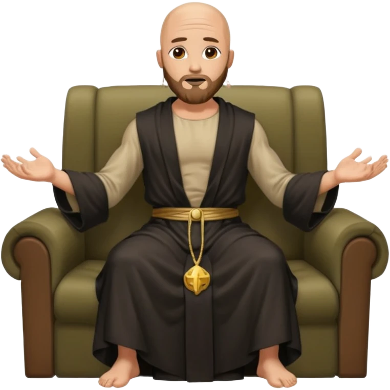 fullbody bald jesus christ jacked, sleeveless and unbuttoned in black robe sitting with elbows on armrests emoji