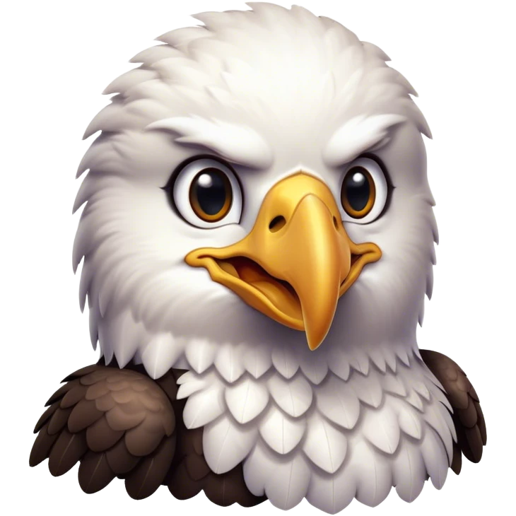 Cinematic Cute American Eagle Portrait Emoji, Head tilted playfully and inquisitively, featuring a streamlined form with a subtle blend of dark and white plumage and round, sparkling eyes full of spirited charm, Simplified yet irresistibly adorable features, highly detailed, glowing with a warm, inviting glow, high shine, affectionate and lively, stylized with a touch of whimsical aerial grace, soft glowing outline, capturing the essence of a mischievous yet endearing American eagle that seems as if it could glide out of the screen into your heart! emoji