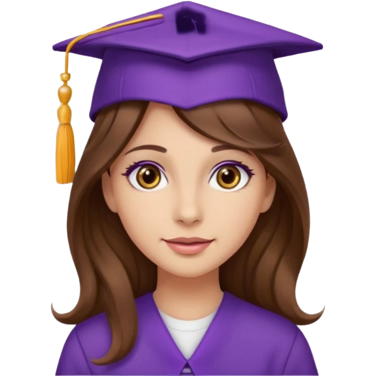beautiful  woman normal skin with wavy long long brown hair and hazel eyes with purple school hat emoji