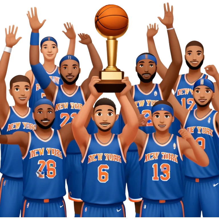 New York Knicks basketball team winning NBA championship trophy, celebration, blue and orange colors emoji