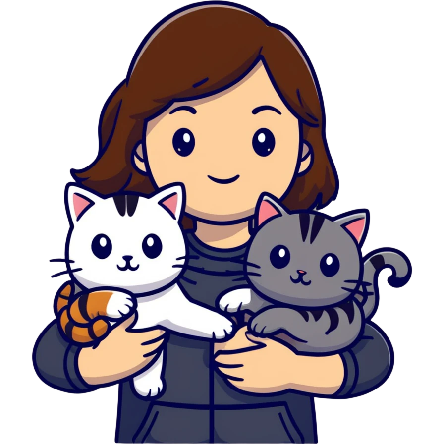 tan brown-haired girl holding two cats, one black cat and one grey-striped cat emoji