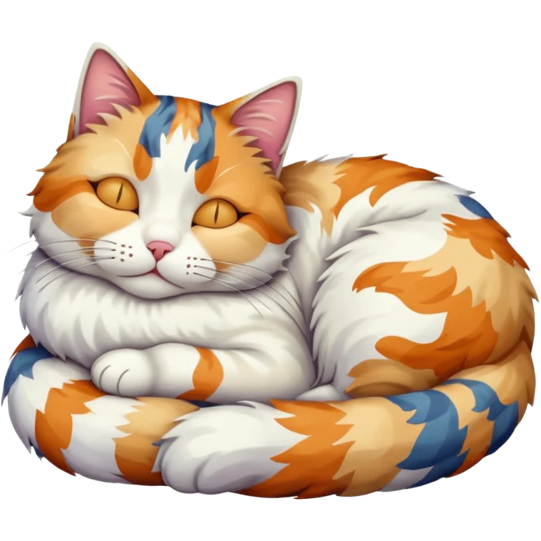 full body colourful light patched calico + white tabby cat sleeping emoji