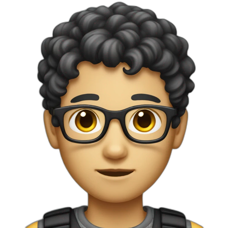 a fair-skinned boy with short-cut sides and a curly top with white glasses and a black cat iOS emoji emoji