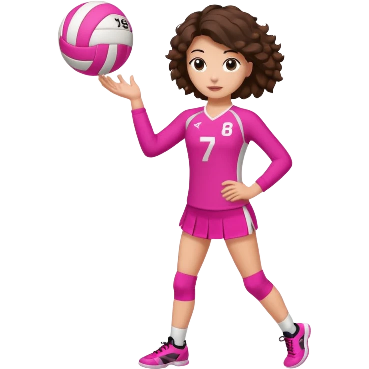 une joueuse de volley de debout (on voit ses jambes) qui joue (blanche brune avec des cheveux longs boucles) (avec une tenue ROSE avec le numéro 7) et une balle rose emoji