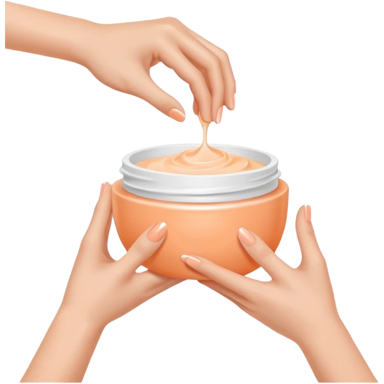 Minimal emoji of 2 hands gently applying skincare cream, soft nude and peach tones, clean beauty aesthetic, calm and elegant, subtle glow emoji