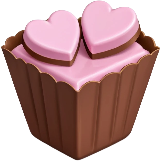 Two square milk chocolate , Each praline is a sharp-edged cube with smooth glossy chocolate coating, placed in a small white fluted paper candy cup. On top of each cube is a flat pastel pink heart-shaped icing emoji