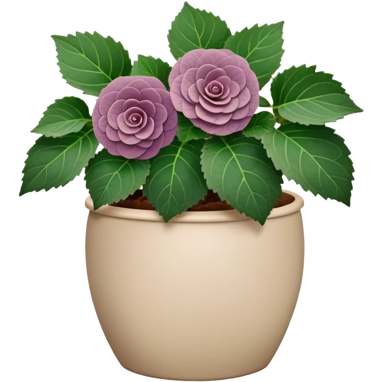 Begonia Rex with greenish-purple spiral leaves in a beige pot emoji