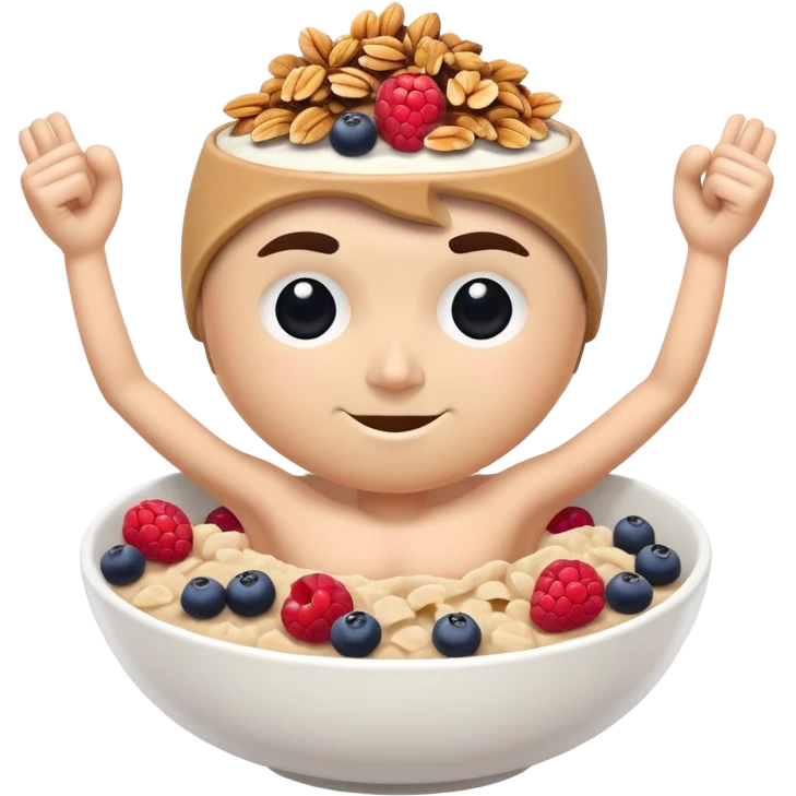 Breakfast bowl with a face on it and arms and legs ready for gym emoji