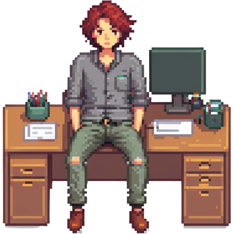character with an indifferent expression, hands in pockets, slouched posture, sitting at an office desk emoji