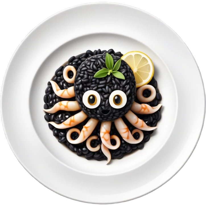 cinematic-realistic-black-risotto-dish,-showcasing-small squid pieces-rendered-with-bold-textures-and-dynamic,-dramatic-lighting in a white plate with a grilled lemon on top emoji