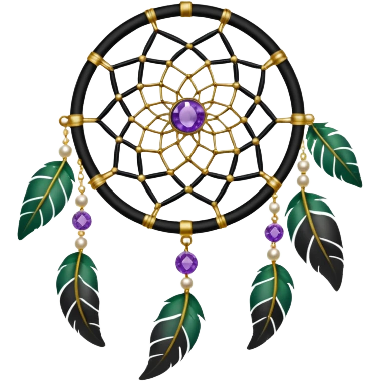 Black and white dreamcatcher with amethyst crystals, gold pearls, and green plants emoji