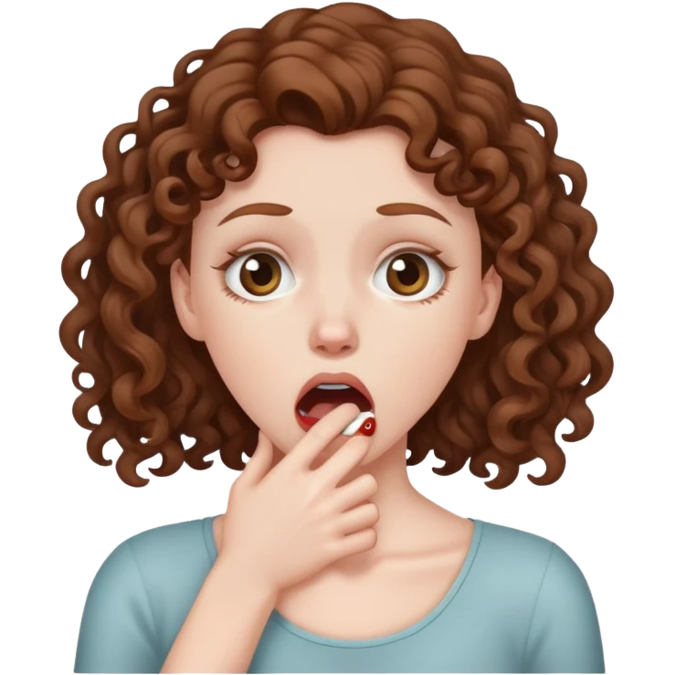 White girl with brown curly hair choking self emoji