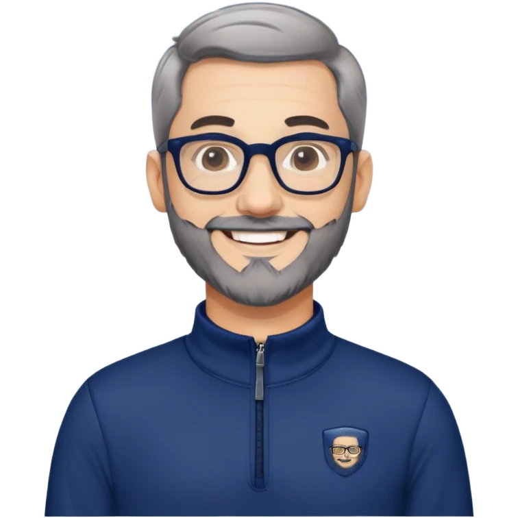 Light-skinned man with short black hair styled upward, short gray beard, large black-framed glasses, smiling face, wearing a navy blue zip-neck long sleeve athletic shirt emoji