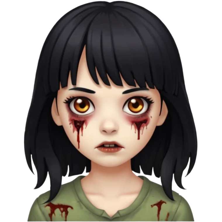 Zombie girl, black hair with bangs, slightly wavy, layered haircut,long hair,long eyelashes, black eyes,iOS style emoji