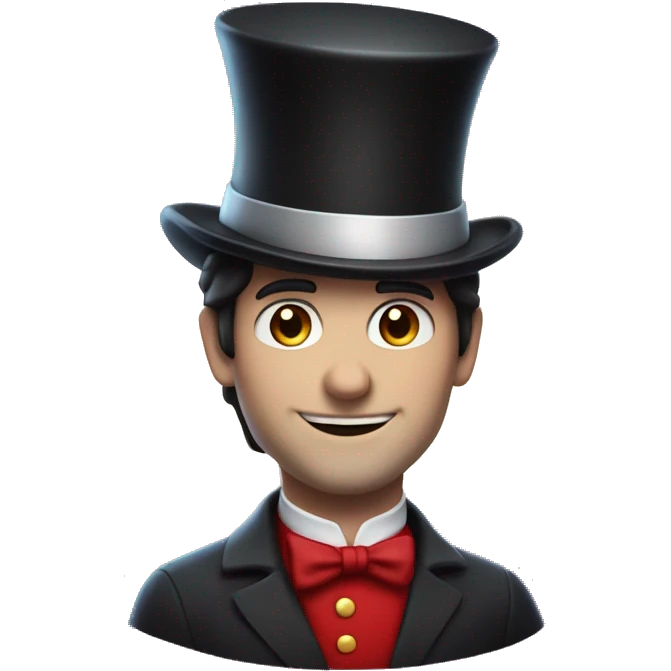 A man with dark hair, white skin, wearing red and a top hat, having sparkle as magic next to him  emoji