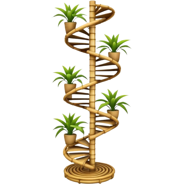 Large futuristic multi-tier multi-level spiral step plant rack constructed from thin bamboo poles  emoji