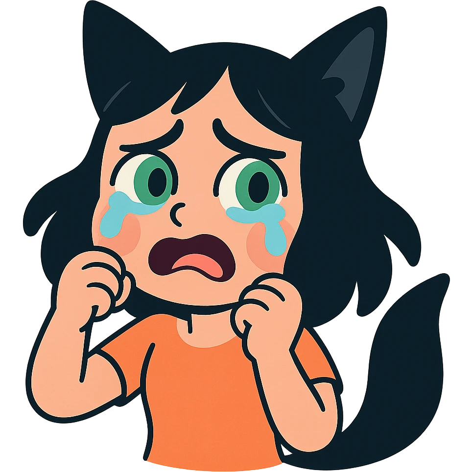 A girl with tears, black fox ears, and a tail, green eyes, dark hair emoji