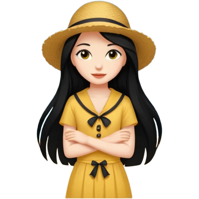 검은 긴 머리의 소녀, 바닷가를 좋아하고, 차분한 성격,  여행을 좋아하고, 옷을 차려입은 emoji