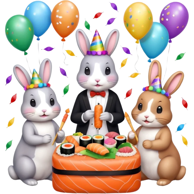 four bunnies together eating sushi at a birthday party, all four bunnies clearly visible, playful, colorful, party hats, birthday decorations, confetti, balloons, varied composition, emoji style emoji