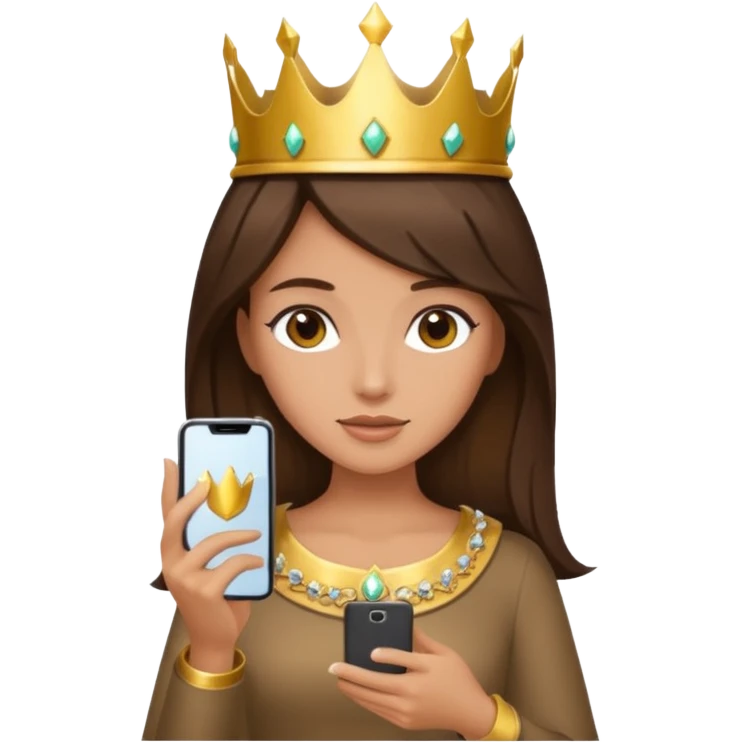 Tan girl brunette hair with a crown on holding phone emoji