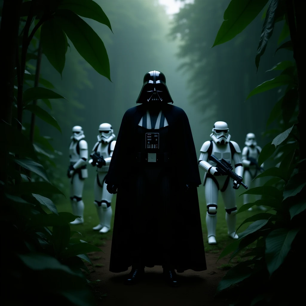 cinematic still, Closeup shot, amazon jungle,  blurred plants in the foreground (frame within a frame), Darth Vader around stormtroopers coming out from starship on ground, they are exploring the jungle, inspired by StarWars movie, captured by arri alexa emoji