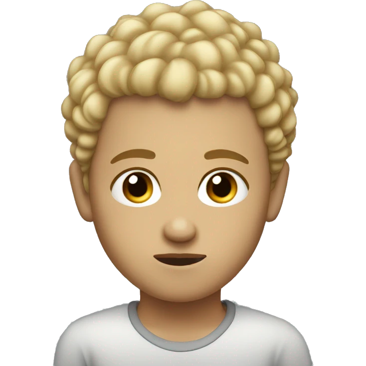 black eyes, very very curly blonde very short hair, boy, serious face emoji