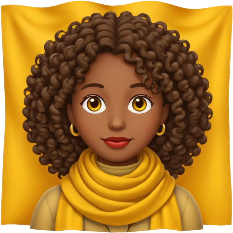 woman emoji with dark skin and curly hair, no earrings, no necklaces, no jewelry, wearing yellow Pathfinder scarf, apple emoji style, transparent background emoji
