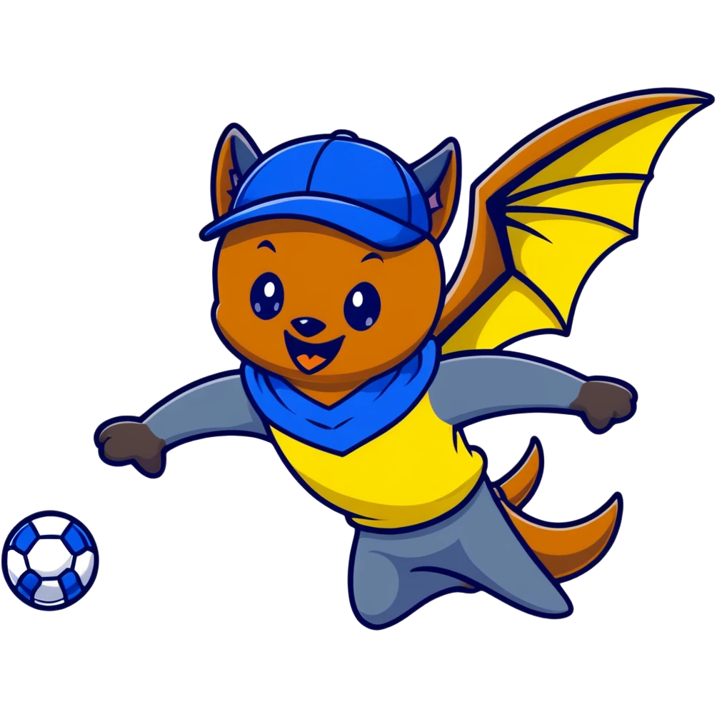 Flying fox bat mascot "Nahalenok" for FC Rostov, cheerful expression, large wings spread wide in flight, big expressive eyes with playful glint, smiling mouth showing small fangs, wearing yellow (#FFCD00) and blue (#0057B8) scarf around neck, blue baseball cap with FC Rostov logo tilted to side, dark grey body emoji