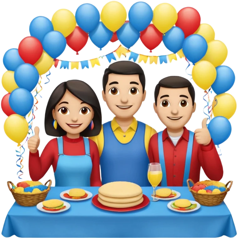 party table decorated with red blue and yellow colors, including a backdrops, balloons arch, streamers and more. On the table are intricate displays of colombian arepas, and baskets of money. In the forefront is a woman and man in simple clothing, big smiles and big thumbs up emoji